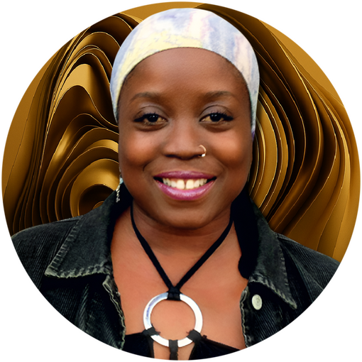 Portrait of Haize Hawke, a smiling Black woman wearing a lavender headscarf and dark denim jacket, set against a swirling gold abstract background.