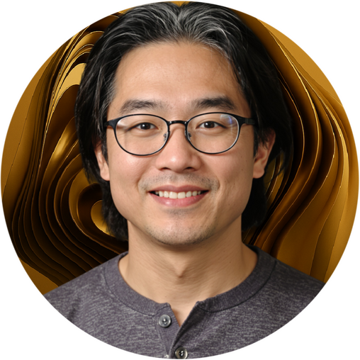 Smiling Chinese-American man (J-D Cao) with wire-rimmed glasses and shoulder-length hair, set against a swirling gold abstract background.